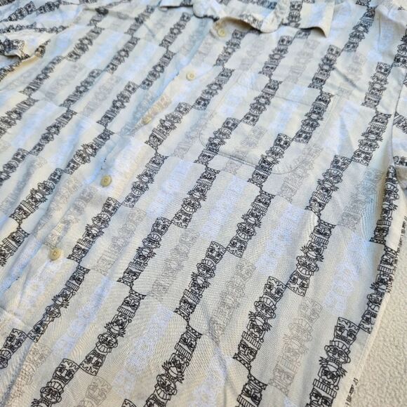 Puritan Beige White and Black Tiki Men's Short Sleeve Button Up Shirt - Picture 4 of 6